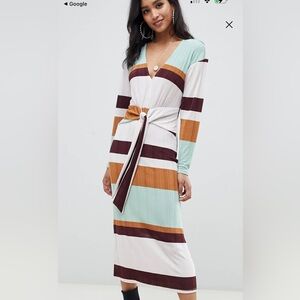 ASOS design 70’s striped rib midi Dress with knot front